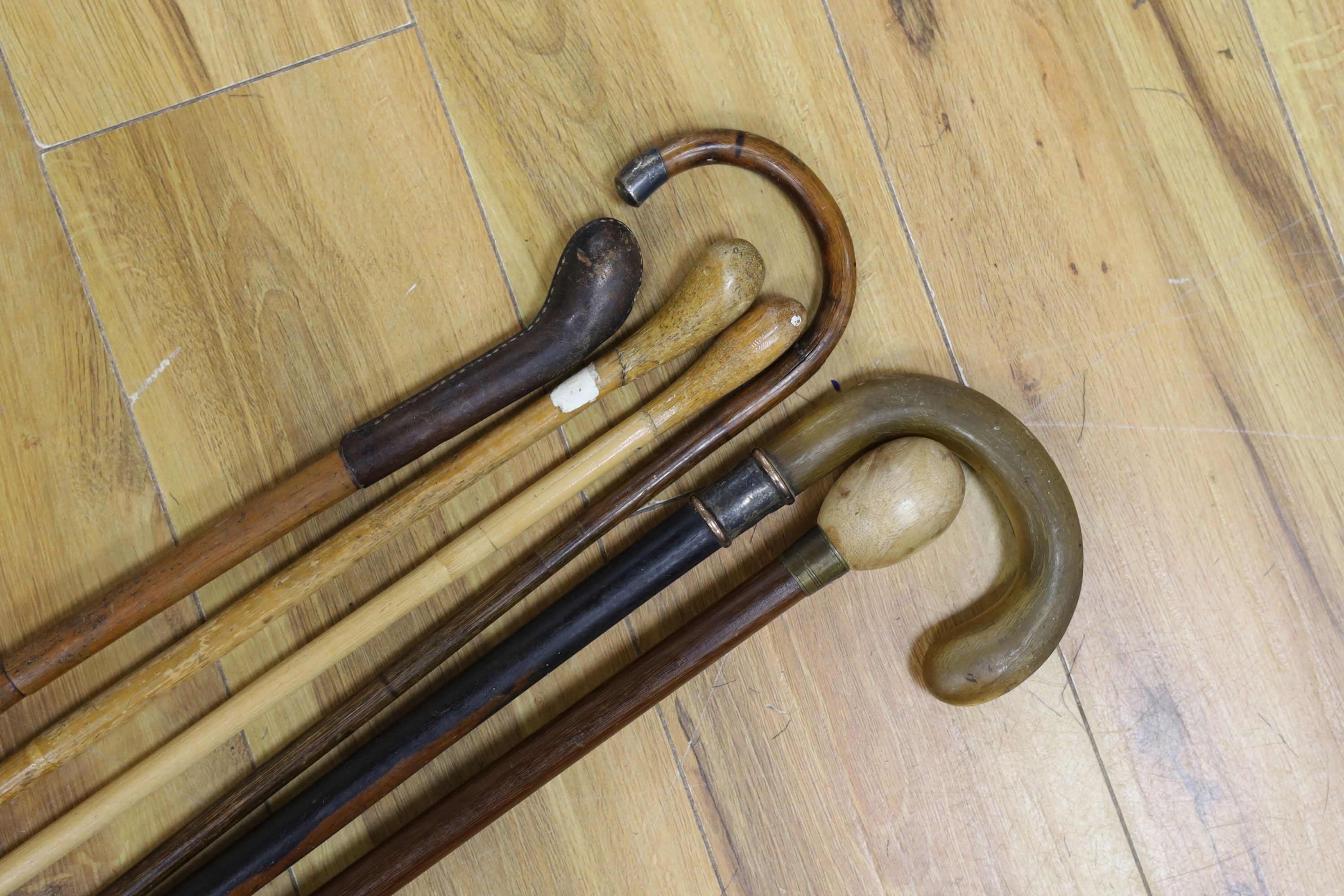 Six various walking canes, horn handled cane, 84 cms high.